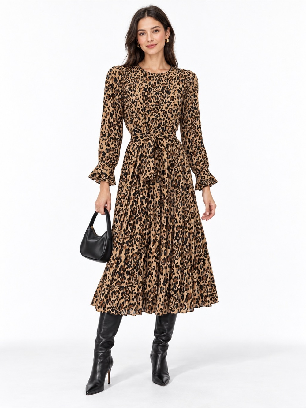 J.Crew Leopard Print Pleated Midi Dress 2P Petite Belted Ruffle Sleeve